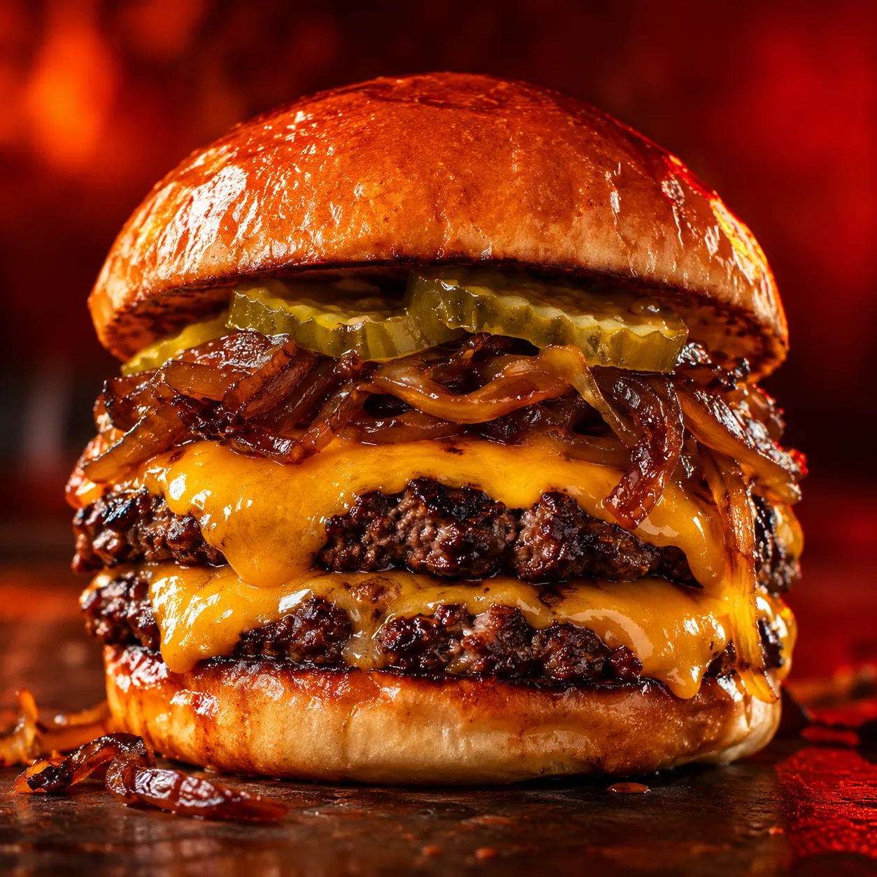 Hamburguesa doble con queso y cebolla caramelizada