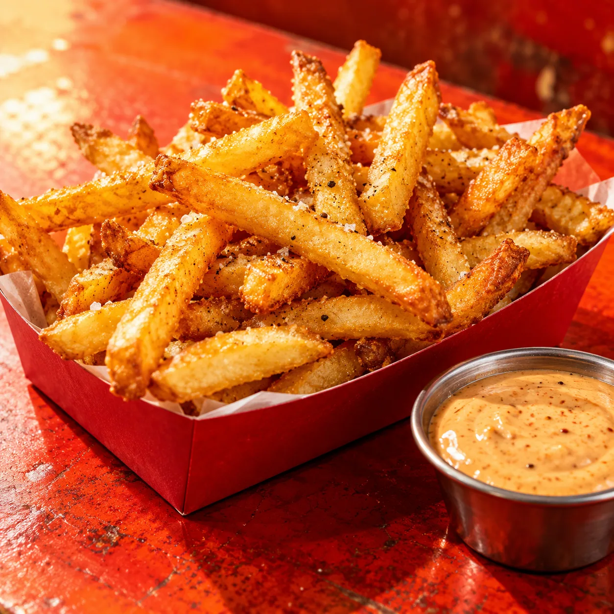Papas fritas crujientes con salsa