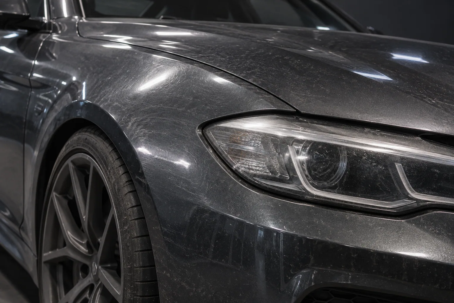 La misma superficie de vehículo antes del detailing, con micro-rayones y acabado opaco