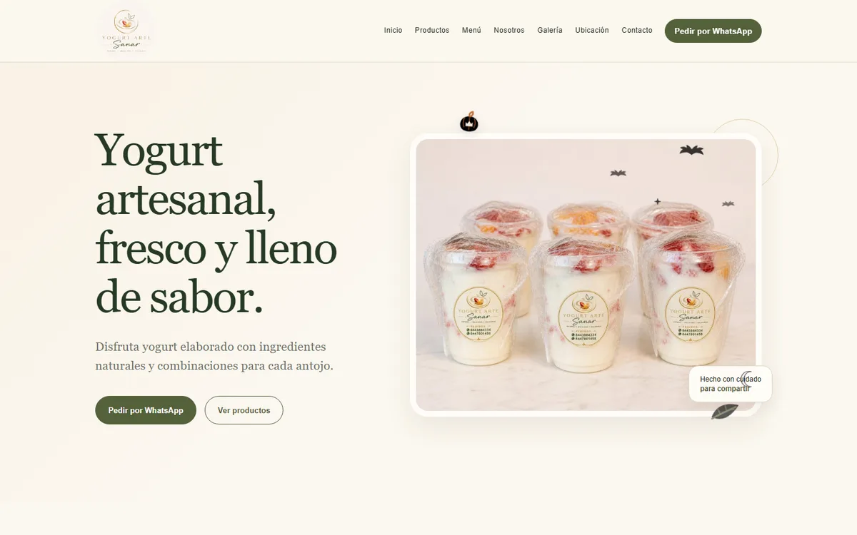 Vista real del sitio web de Yogurt Arte Sanar publicado por Eventora Studio
