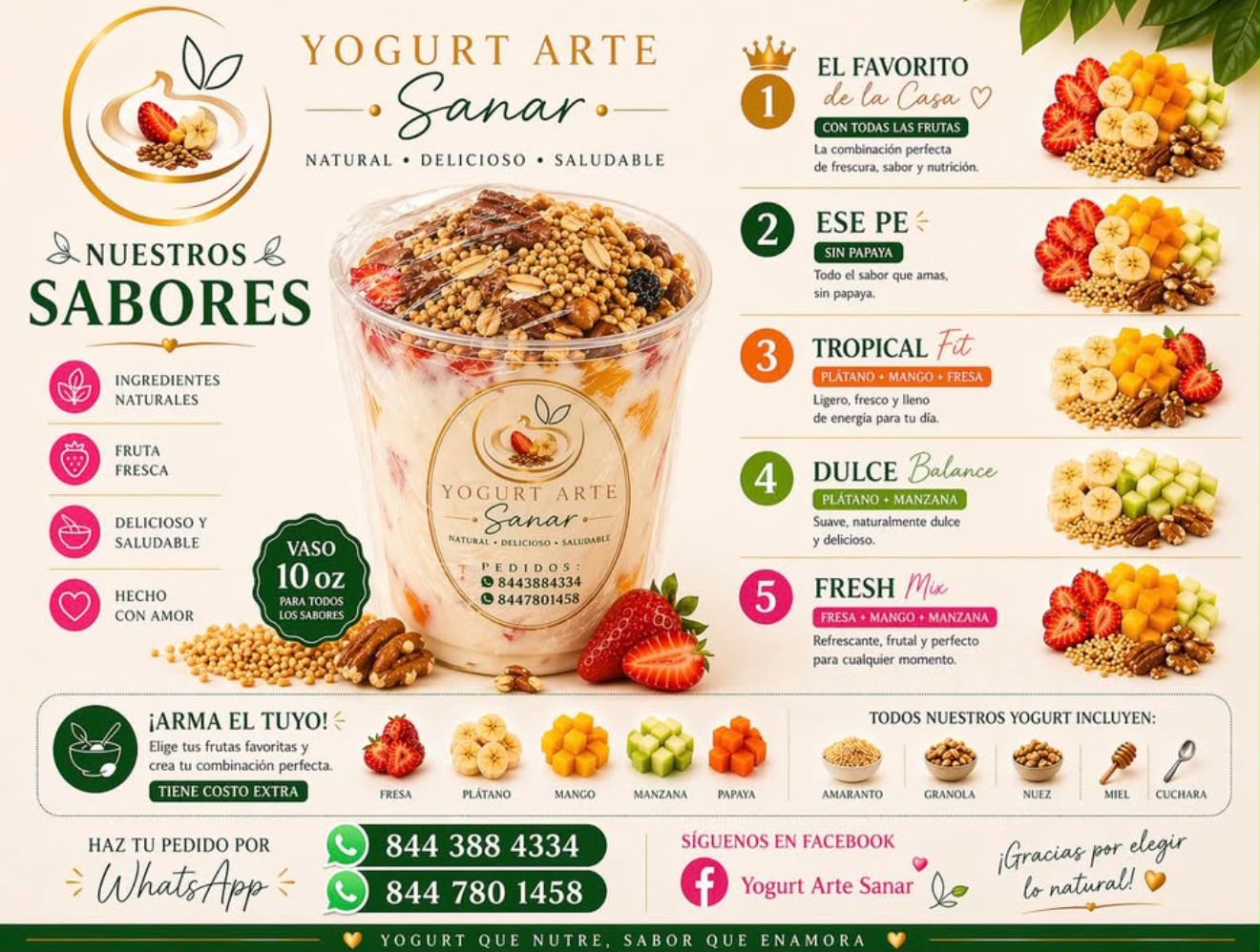 Menú de sabores y combinaciones de Yogurt Arte Sanar